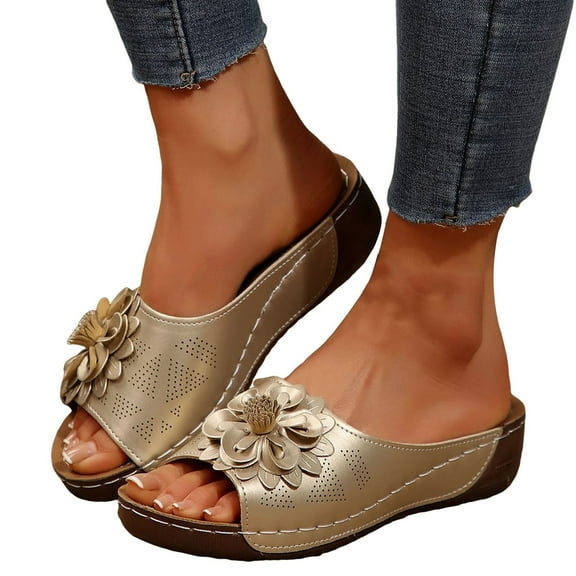 Boho Wedge Sandals for Women Trendy Beach Summer Flower Open Toe Platform Slip on Comfortable Dress Slides