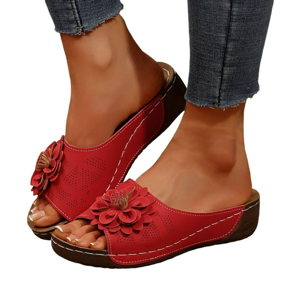 Boho Wedge Sandals for Women Trendy Beach Summer Flower Open Toe Platform Slip on Comfortable Dress Slides