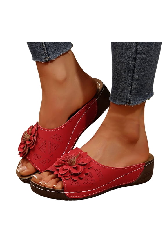 Platform Wedge Orthopedic Dress Slides Sandals for Women 2025 Comfortable Flower Leather Walking Slip on