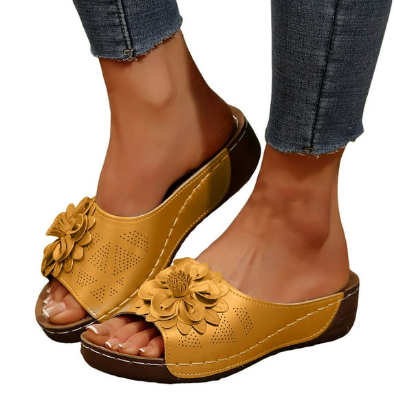 Platform Wedge Orthopedic Dress Slides Sandals for Women 2025 Comfortable Flower Leather Walking Slip on