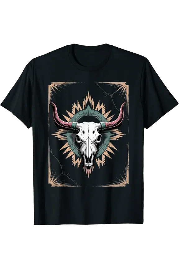 Boho Western Bull Skull Vintage Southwestern Desert Cow Art T-Shirt Size S-5XL