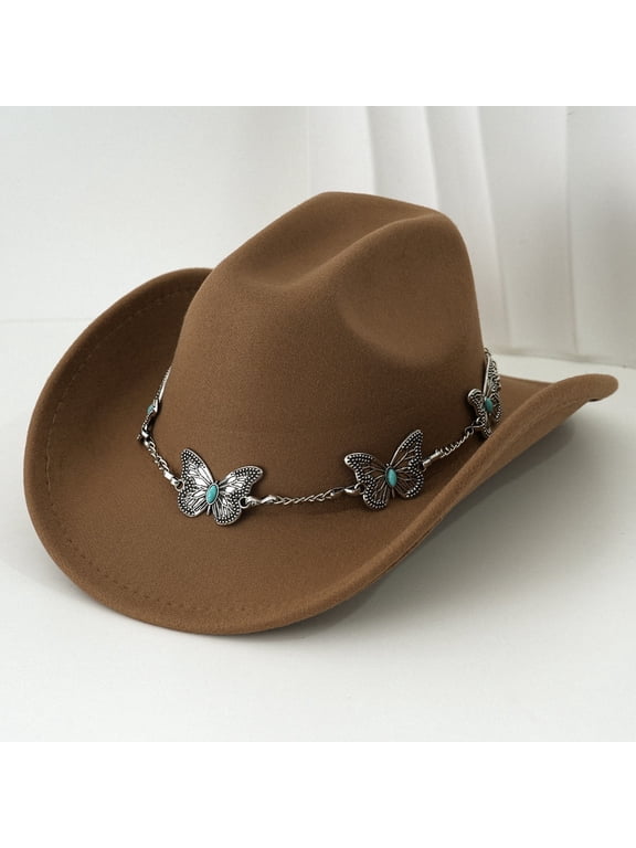 Boho Western Cowgirl Hat for Women, Polyester Wide Brim Cowboy Hat with Butterfly Turquoise Chain Decor, M Size 56‑58cm, Camel