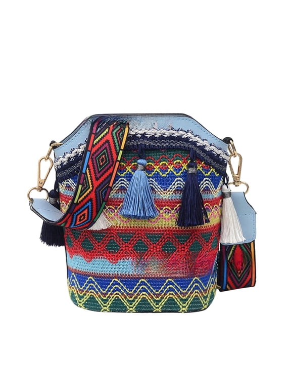 Boho Western Crossbody Bag for Women - Fringe Colorful Canvas Purse Embroidered Cylinder Shoulder Bag with Tassel Casual Belt Bag for Travel Festivals Daily