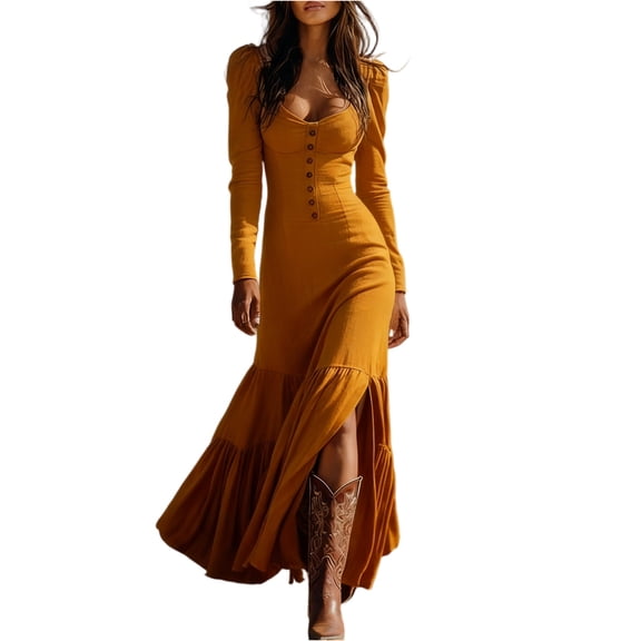 Boho Western Dress, Long Sleeve Smocked Ruffle Maxi Dress with Front Buttons, Perfect for Country Concert, Date Night & Fall Outing Earthy Yellow M