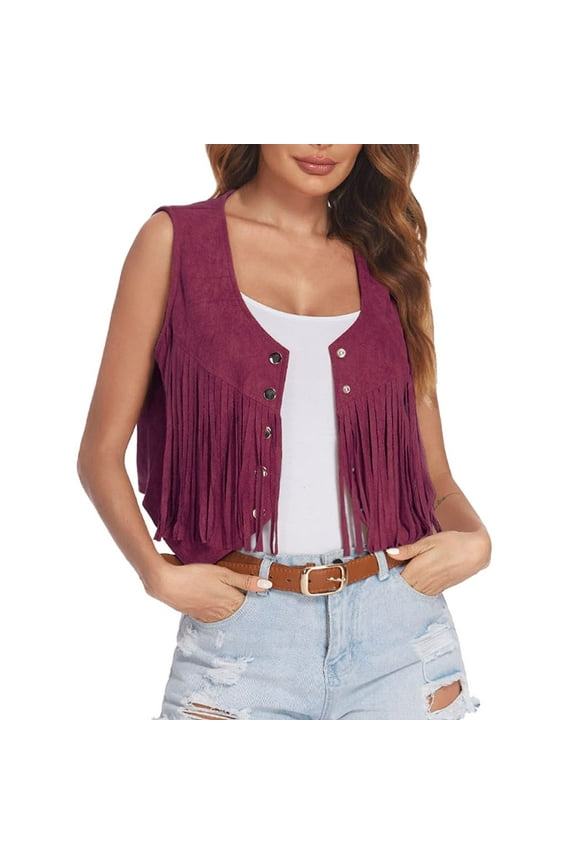 Boho Western Fringe Vest for Women Open Front Sleeveless Suede 70s Hippie Casual Jacket