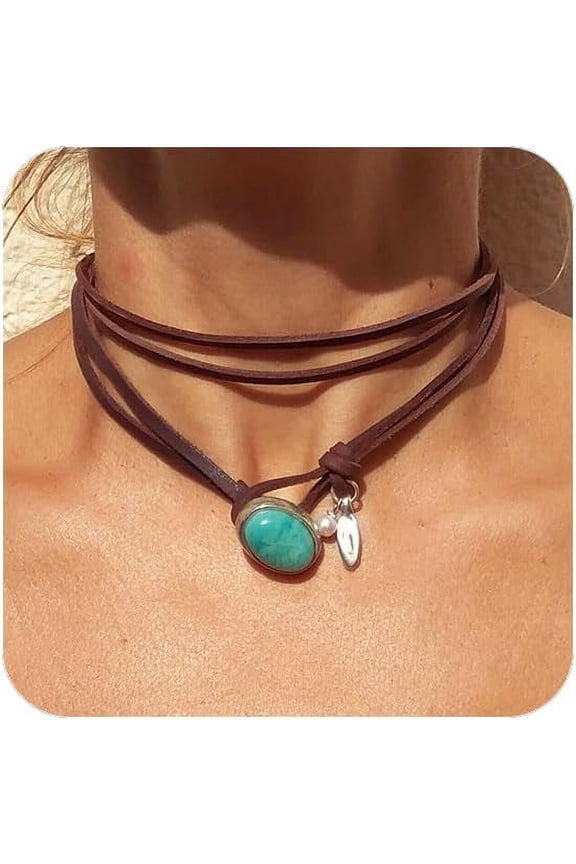 Boho Western Layered Suede Leather Choker Necklace (Turquoise)