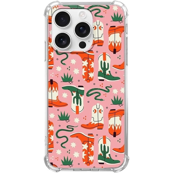Boho Western Style Case for iPhone 16 Pro, Colorful Cowboy Boots and Cactus Design, Trendy Cool Soft TPU Bumper Case for iPhone 16 Pro