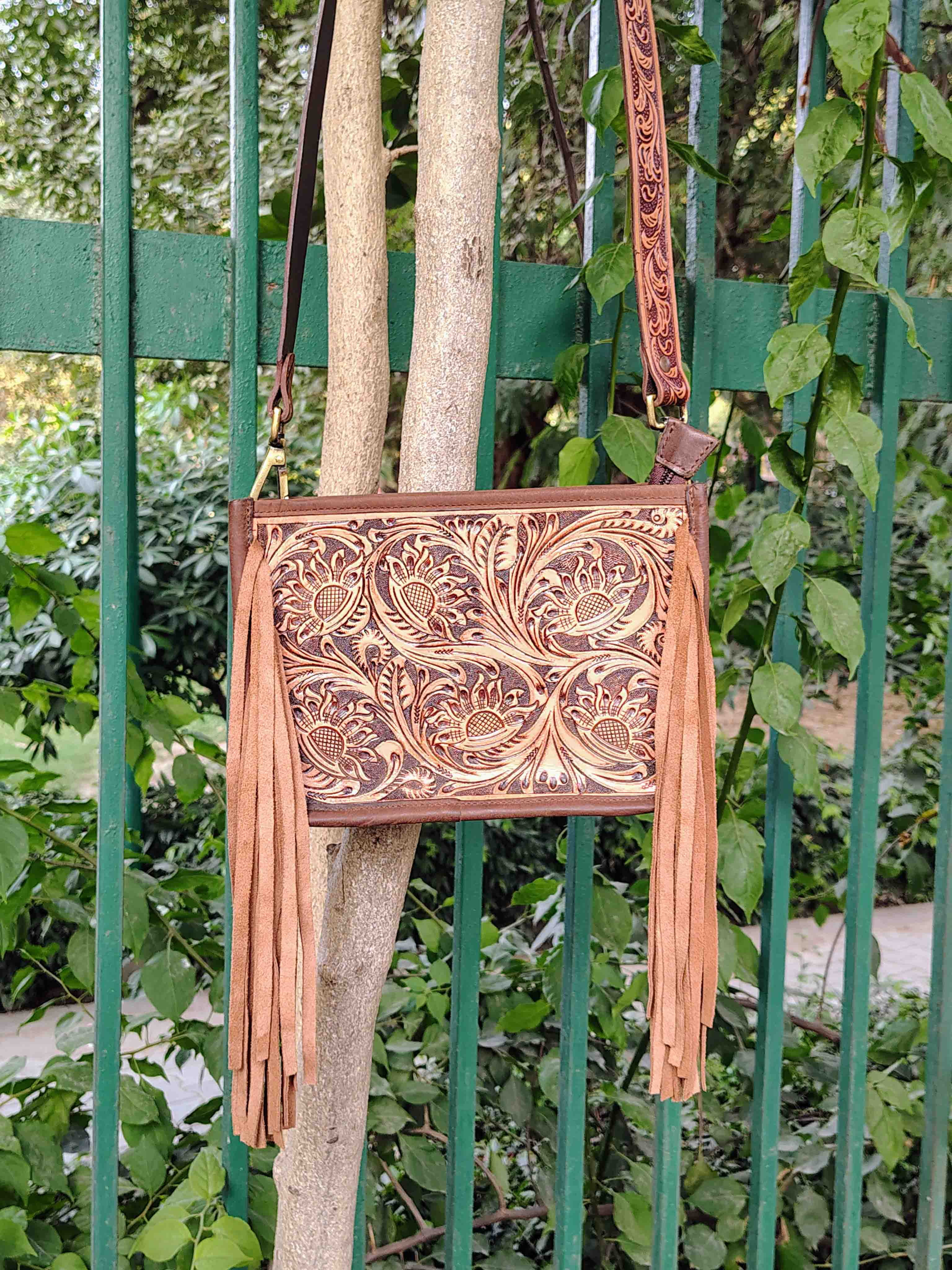 Boho Western Style Leather Bag, Tooled Crossbody Bag, Shoulder Tote — free download