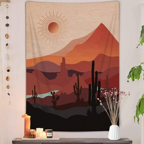Boho Western Tapestry Modern Southwestern Mountain Cactus Arizona Desert Sunset Wall Tapestry Mid Century Modern Retro Aesthetic Minimalist Vertical Tapestry Wall Hanging for Bedroom 40X60IN
