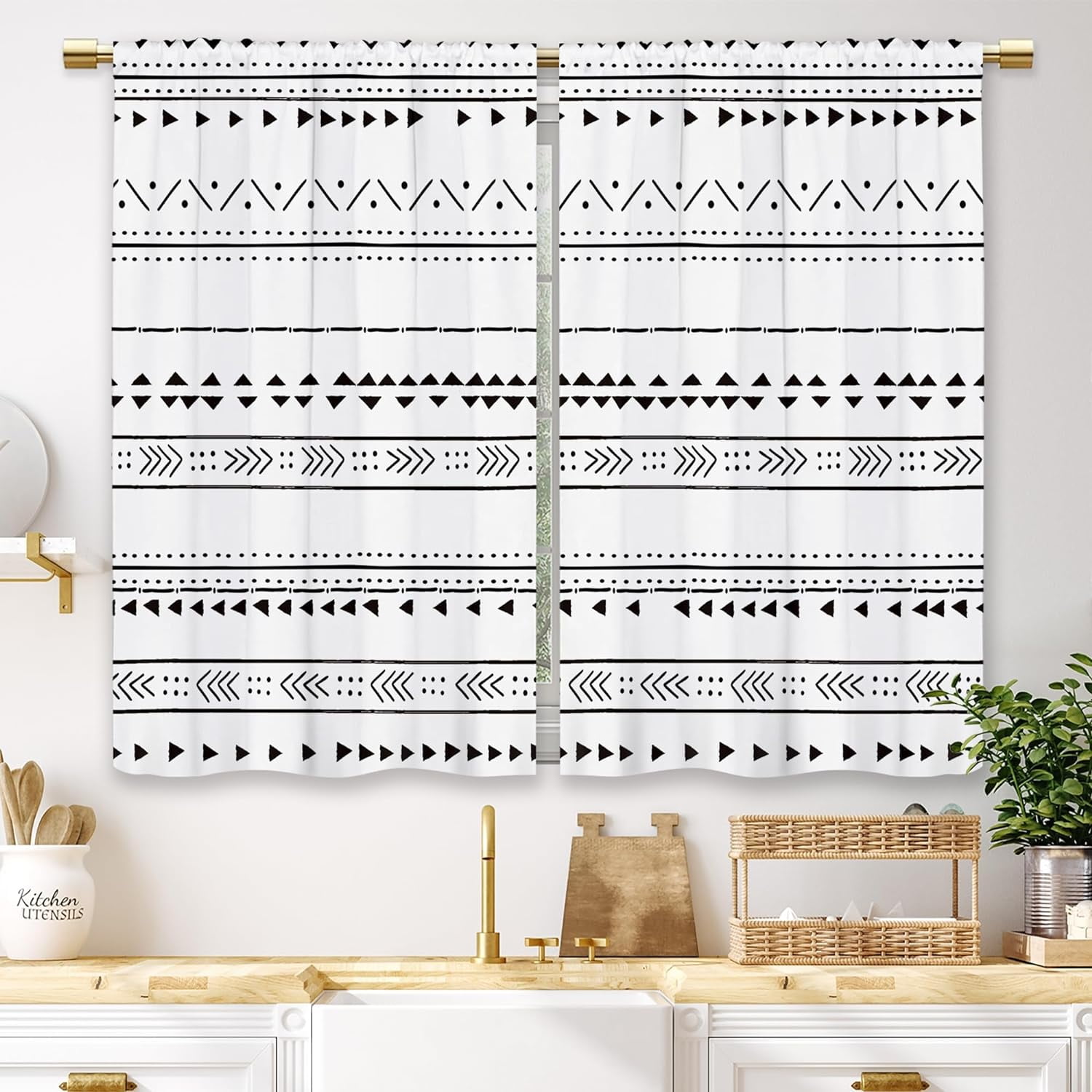 Boho White and Black Kitchen Curtains Triangle Geometric Modern Small ...