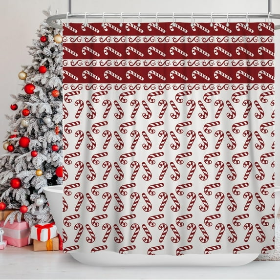 Boho White Shower Curtain for Bathroom Minimalist Red Christmas Decorations Bathtub Curtains 84x72inches X-mas Sticks New Year Decor Stall RV Room Partition Waterproof Fabric with Hooks
