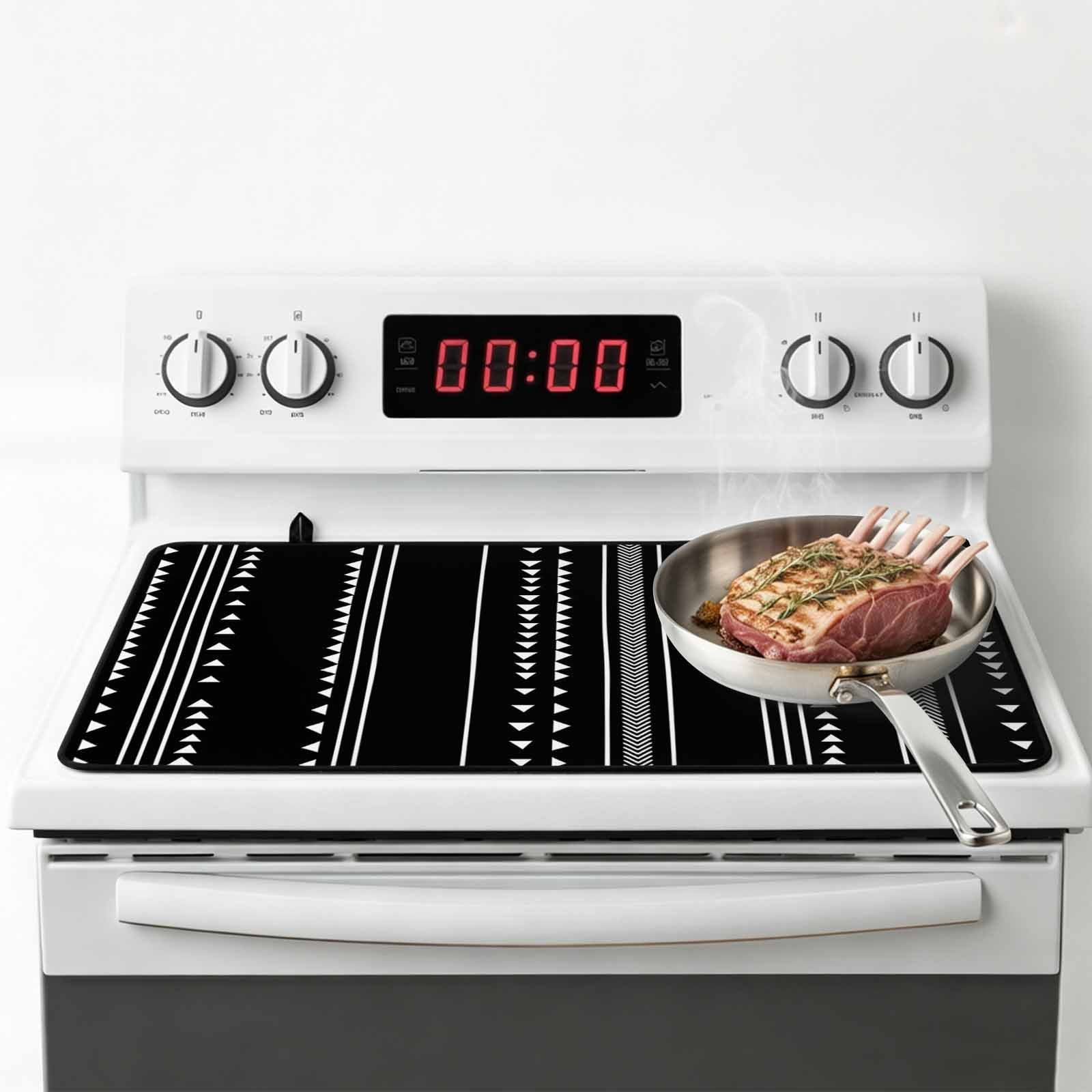Boho White Stripes Stove Top Cover for Electric Stove, Heat-proof & Non Slip Glass Top Stove Cover Protector, Triangle Arrow Geometric Abstract Art Kitchen Flat Cooktop Rubber Mat 24x21 Inches