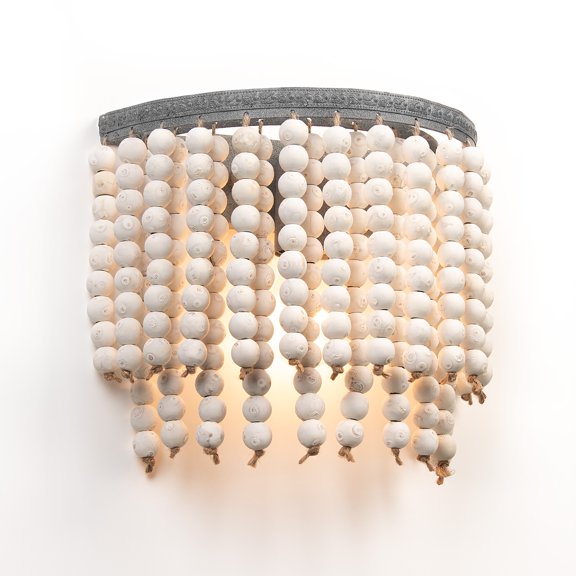 Boho White Wood Bead Wall Lamp, Vintage Hemp Rope Sconce(No Bulbs)