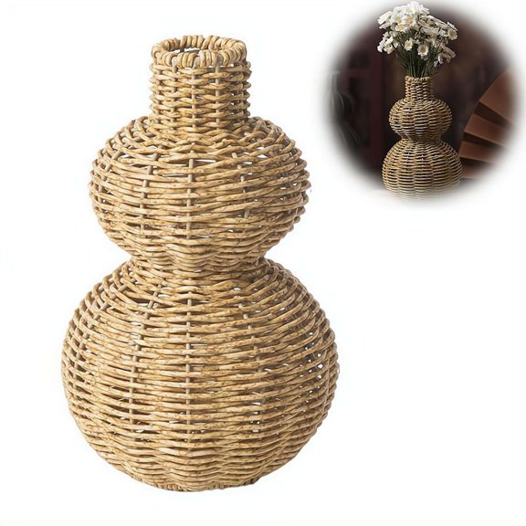 Boho Wicker Style Vase Gourd Shaped Farmhouse Rattan Look Planter, Lightweight Rustic Tabletop Decor for Dried Flowers