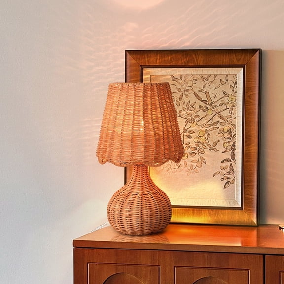 Boho Wicker Table Lamp, Farmhouse Mini Lamp for Bedroom, Bedside and Small Spaces