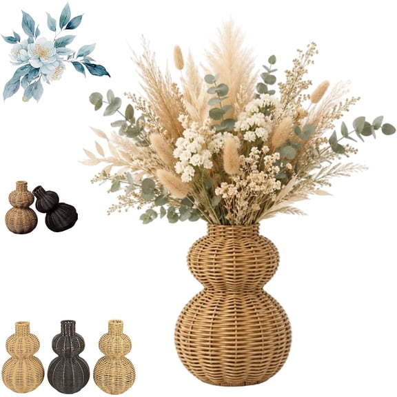 Boho Wicker Vase Gourd Shaped, Farmhouse Table Centerpiece (B) | Natural willow desktop vase enhances bookshelf or entryway style. Durable woven design wont break. Best for dry floral stems