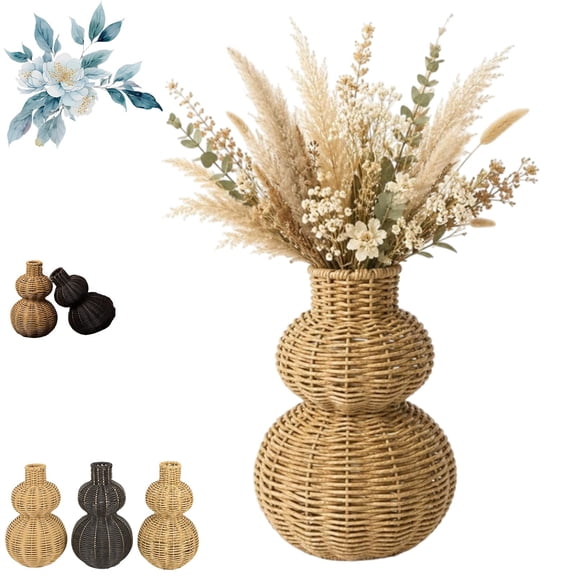 Boho Wicker Vase Gourd Shaped, Farmhouse Table Centerpiece | Natural willow desktop vase enhances bookshelf or entryway style. Durable woven design wont break. Best for dry floral stems