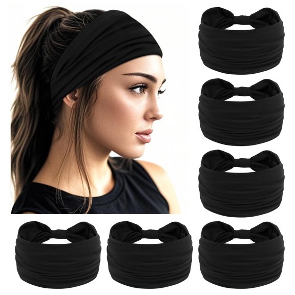 Boho Wide Bandana Headbands - Stretch Knotted Elastic Head Wraps for Women, Yoga, Workout, and Hair Accessories (6 Pack)