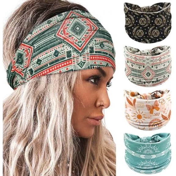 Boho Wide Headbands Floral Printed Turban Wraps Knotted Non Slip Hairbands Elastic Workout Running Yoga Hair Scarfs Bohemian Hair Accessories for Women 4 count (Bohemian)