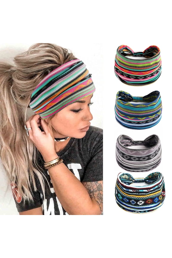 Boho Wide Headbands for Women Thick Turban Headbands Large African Headband Sport Yoga Black Stylish Head Wraps,Pack of 4