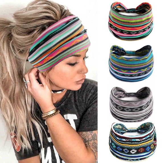 Boho Wide Headbands for Women Thick Turban Headbands Large African Headband Sport Yoga Black Stylish Head Wraps,Pack of 4