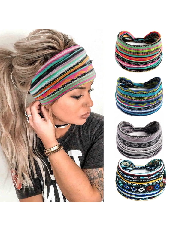 Boho Wide Headbands for Women Thick Turban Headbands Large African Headband Sport Yoga Black Stylish Head Wraps,Pack of 4
