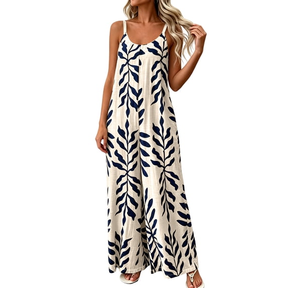 Boho Wide Leg Jumpsuits for Women Vacation Loose Palazzo Pants Rompers Adjustable Strap Casual Jumpsuit Jumper Navy, L
