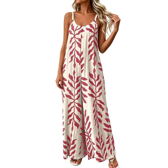 Boho Wide Leg Jumpsuits for Women Vacation Loose Palazzo Pants Rompers Adjustable Strap Casual Jumpsuit Jumper Red, 2XL