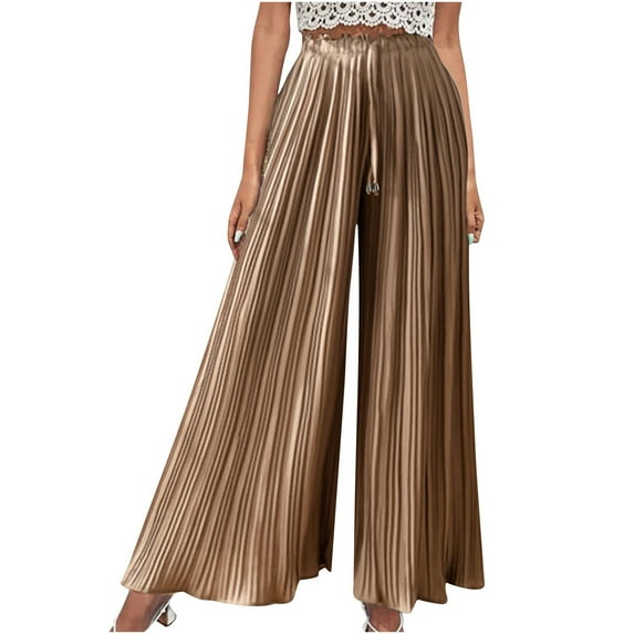 Boho Wide Leg Palazzo Pants for Women High Elastic Smocked Paper Waist Drawstring Casual Flowy Lounge Culottes Pants