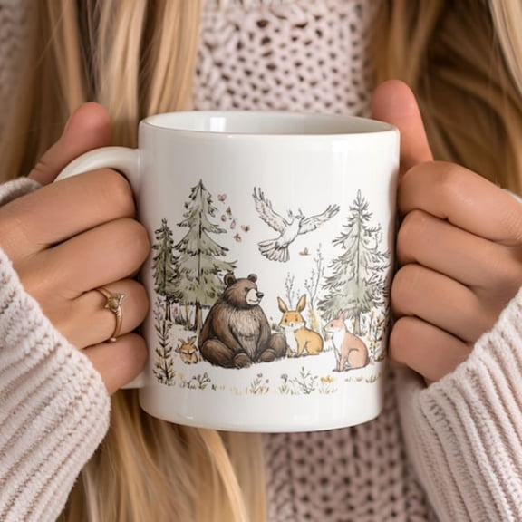 Boho Wilderness Coffee Mug Vintage Bear and est Animals.