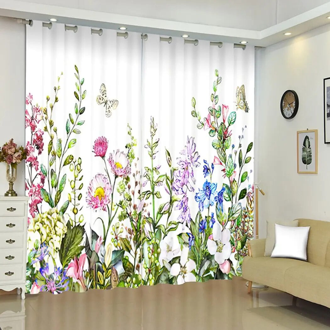 Boho Wildflower Curtain Watercolor Grass Bouquet Polyester Pongee ...