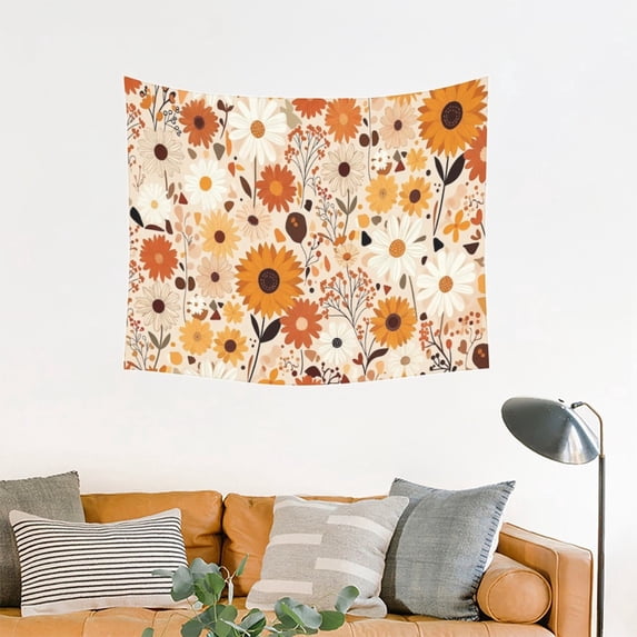 Boho Wildflower Garden Tapestry – Peach Skin Polyester Wall Hanging, Floral Wall Decor for Bedroom, Living Room, Garden, Dorm