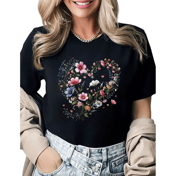 Boho Wildflower Heart Graphic Tees Womans T shirt Black/White S-5XL Shirts Casual Daily Tops