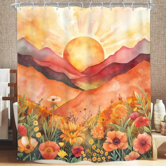 Boho Wildflower Mountain Sunset Shower Curtain Flower Floral Sunrise Sun Watercolr Plants Daisy Leaves 72Wx72H Inch Bohemian Modern Landscape Waterproof Polyester Fabric Bathroom Bathtub