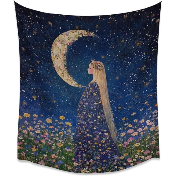 Boho Wildflowers Celestial Goddess Wall Tapestry, Vintage Mystical Astrology Aesthetic Hanging Decor for Bedroom Dorm Living Room, White, 30 x 40 Inch