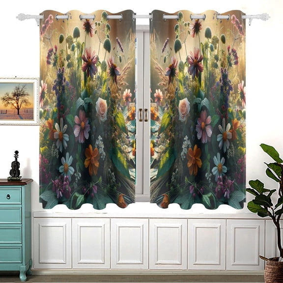 Boho Wildflowers Herbs Floral Curtains Grommet Black Out 54 Inch Length Curtain Drapes for Bedroom Living Room 2 panels set