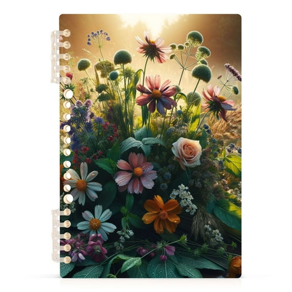 Boho Wildflowers Herbs Floral Ring Binder Notebook Journey Note Diary College Ruled Spiral Notebook Study Loose Leaf Paper A5 60 Pages