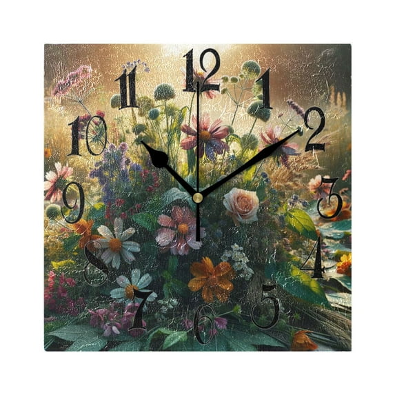 Boho Wildflowers Herbs Floral Wall Clock Decorative Square Silent Non-Ticking Operated Clocks Aesthetic for Bedroom Living Room