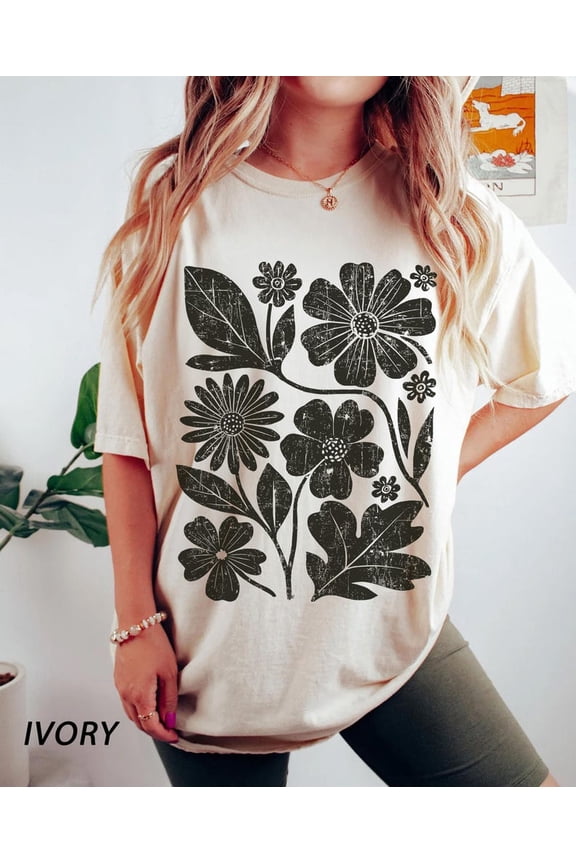 Boho Wildflowers Shirt, Distressed Flowers Tshirt, Floral Graphic Shirt, Flower Market, Soft Goth Fairy Core T-Shirt
