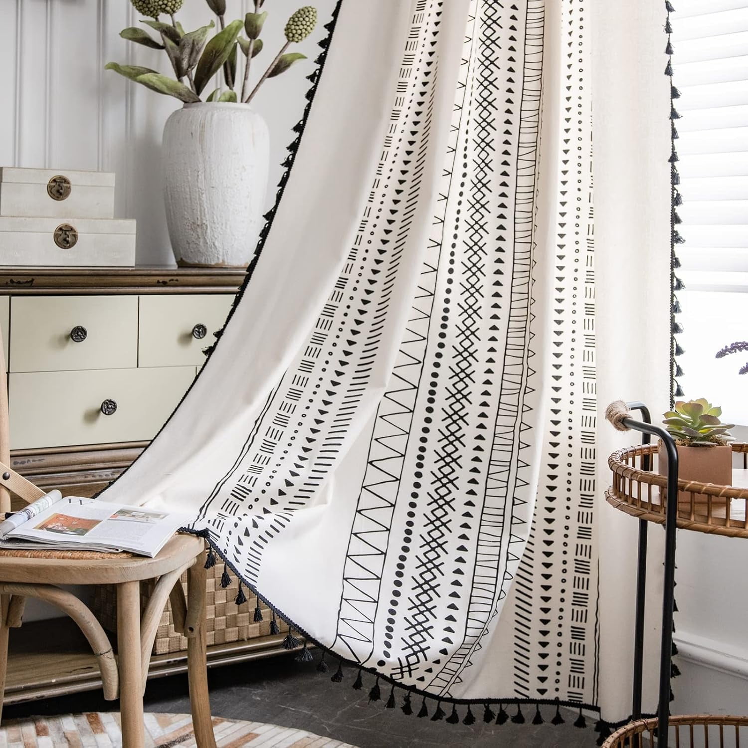 Boho Window Curtain Panel with Tassels Black Striped Geometric Print Country Style Cotton Linen Room Darkening Curtain Panel for Bedroom Living Room Rod Pocket Top