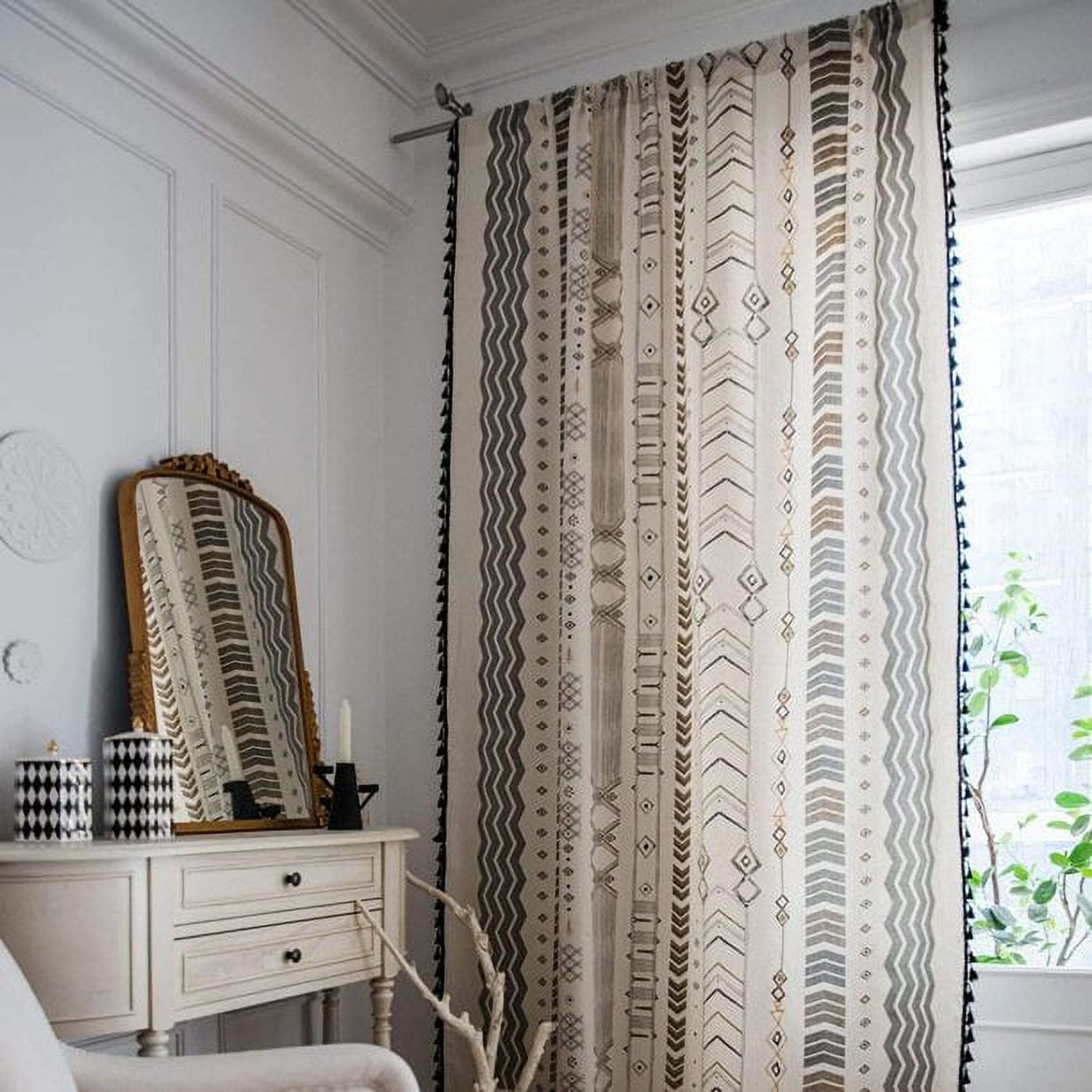 Boho Window Curtain Panel with Tassels Black Striped Geometric Print Country Style Cotton Linen Room Darkening Curtain Panel for Bedroom Living Room Rod Pocket Top