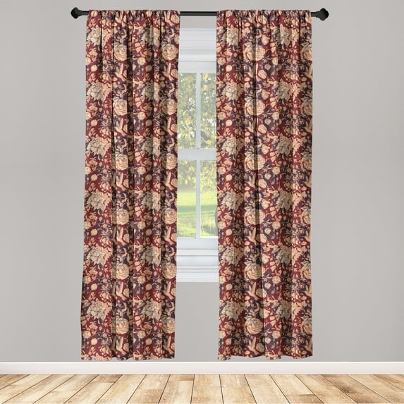 Boho Window Curtains, Botanical Garden Themed Roses and Leaves Pattern Ethnic Paisley, Lightweight Decor 2-Panel Set with Rod Pocket, Pair of - 28"x95", Burgundy Marigold and Indigo, by Ambesonne