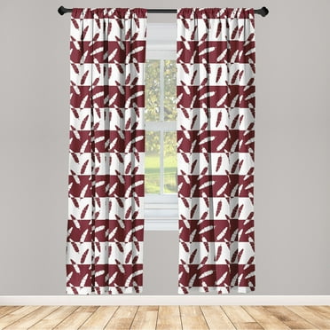 Boho Window Curtains, Horizontal Bold Striped Pattern with Feather Inspired Banana Leaves Modern Print, Lightweight Decor 2-Panel Set with Rod Pocket, Pair of - 28"x63", Maroon and White, by Ambesonne
