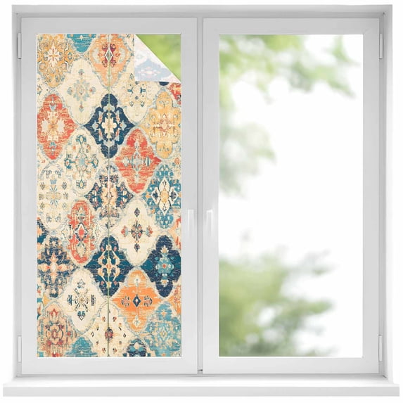 Boho Window Privacy Film Vintage Orange Blue Abstract Ethnic Flower Texture Decorative Glass Window Film UV Blocking Static Cling Non-Adhesive Sticker Covering for Home Door 19.6 x 39.3 inches