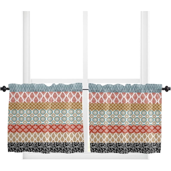 Boho Window Tier Curtains 24 Inches Long Set of 2 Panels, Half Windows Rod Pocket Kitchen Curtains Bohemia Tribal Paisley Flower Morris Morocco Small Kitchen Drapes for Bathroom Cafe 54''''x24''''