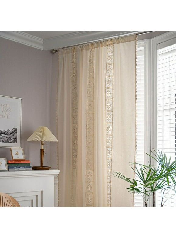 Boho Windows Sheer Curtains Crochet Vintage Cotton Tassel Window Curtains Panels for Bedroom Living Room Crochet Beige 59"x94"(150x240cm)