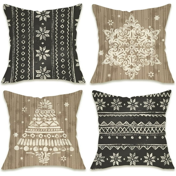 Boho Winter Snowflake Decorative Throw Pillow Covers 18 x 18 Set of 4, Bohemian Brown Abstract Christmas Tree Porch Patio Outdoor Pillowcase, Farmhouse Rustic Sofa Cushion Case Home Decor