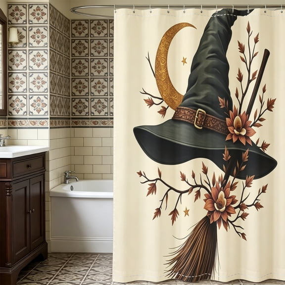 Boho Witch Hat Broom Moon Star Shower Curtain, Halloween Winter Festival Aesthetic Bathroom Accent Decor