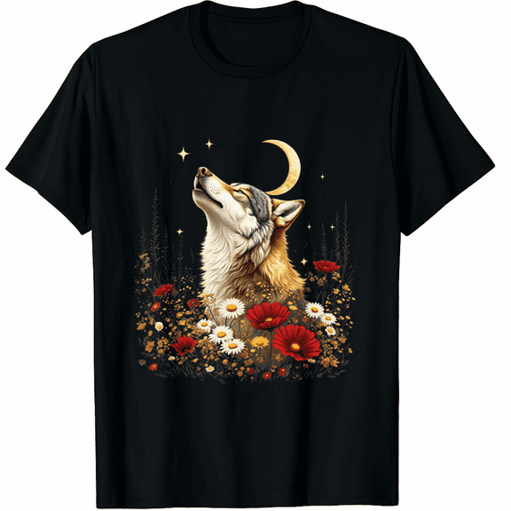 Boho Wolf Howling at the Moon Floral Mystical Graphic T-Shirt for Men Women