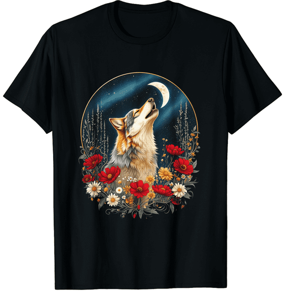 Boho Wolf Howling at the Moon Floral Mystical Graphic T-Shirt for Men Women